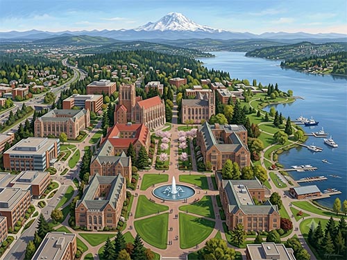 ワシントン大学のキャンパスを上空から眺めた光景を再現したイラスト
