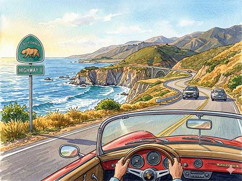 1号線をドライブしている様子を描いたイラスト