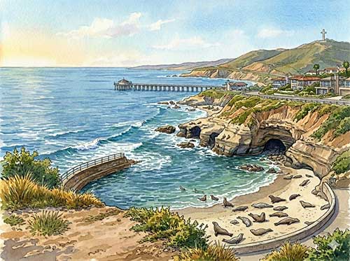 ラホーヤの海岸線の風景を描いたイラスト