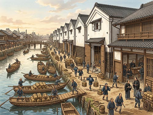 大阪堂島の米市場の様子を描いたイラスト
