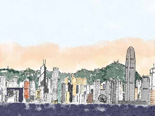海から眺めた香港の街並みのイラスト