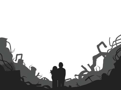空襲で焼け野原になった街のイラスト