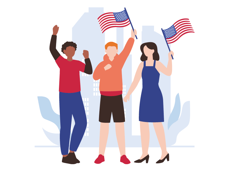 アメリカ独立記念日を祝う人たちを描いたイラスト
