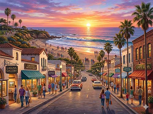 日没間近のラグナビーチの街と海岸線の風景イラスト