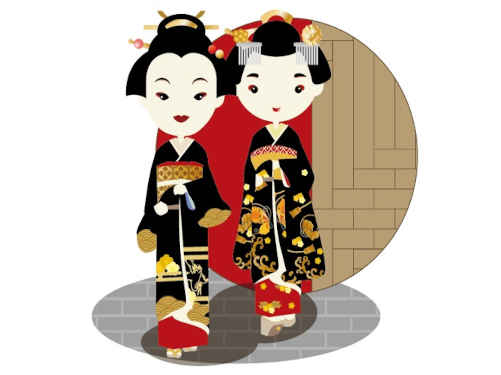 八朔の挨拶回りをする芸妓さんのイラスト