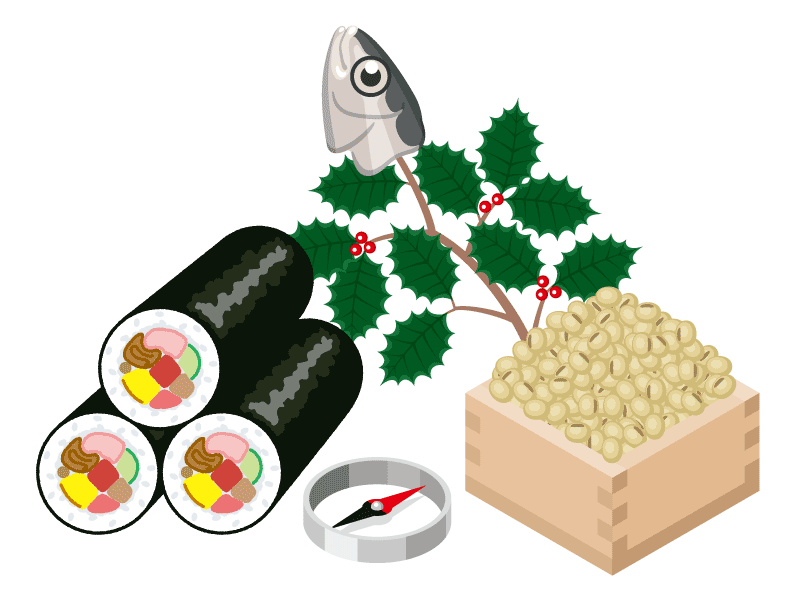 コラム挿絵：恵方巻、豆まき、鰯の頭のイラスト